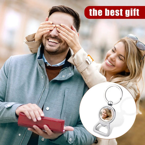 Couple smiling with focus on keychain, 10 Pack Sublimation Bottle Opener Blanks Key Rings Aluminum Dope Heat Transfer Metal Bottle Opener Tags