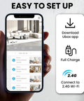 Smartphone showing setup for 4K Ultra Clear Wireless Indoor Security Camera With 100 Day Battery Life, showing living room footage.