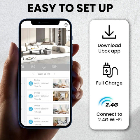 Smartphone showing setup for 4K Ultra Clear Wireless Indoor Security Camera With 100 Day Battery Life, showing living room footage.