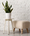 White planter on small round table next to a beige upholstered ottoman against brick wall indoors.