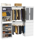 Slick White Modular Storage Organizer Kit With Adjustable Hanging Rods showcases garments, shoes, and accessories in organized shelves.