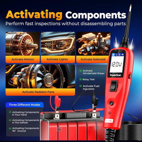 PowerScan PS100 Circuit Tester 2 Point 0 12 24V Automotive Electrical Probe Tool For DIYers And Pros Fast Diagnostics Live Circuit Testing Ground Check Clip Probes Troubleshooting Made Easy, red handheld tester