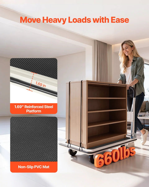 Woman using Foldable Push Cart Dolly With 660 Pound Capacity And Swivel Wheels For Moving Platform And Flatbed Cart Built From Heavy Duty Steel indoors.