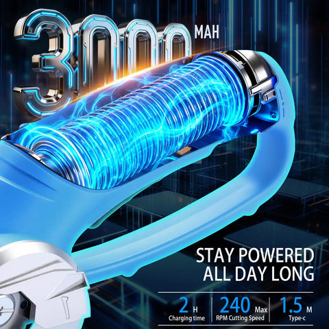 DISEN Cordless Electric Scissors With 3000Mah Lithium Battery display showing the battery with specs and cutting speed features.