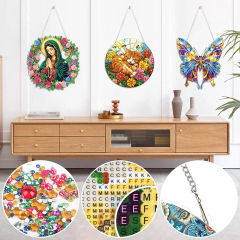 Hanging Diamond Art Ornament Dope Heart Shaped Cross Kit for Adults with other decorative wall pendants displayed