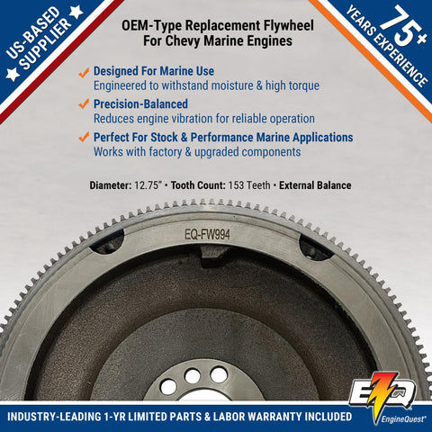 Beefy 153 Tooth Marine Flywheel For 2.5L And 3.0L 4 Cylinder Engines From 1990 To 1997 12.75 Inch Diameter External Balance Steel OEM Replacement With Manual Transmission, showing product details