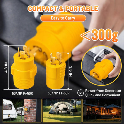 Road Trip Ready NEMA L14-30P To 14-50R And Tt-30R Rv Generator Adapter Kit, compact 30A twist lock connectors.