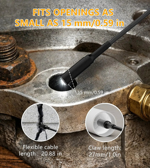 1920P HD Borescope With Grabber Endoscope Camera And 2.8 Inch Screen, 20.8 Inch Flexible Snake Cam For Pipes And Drains, Automotive Repair, And Hard To Reach Areas, IP67 Waterproof Inspection Tool, showing 15 mm opening