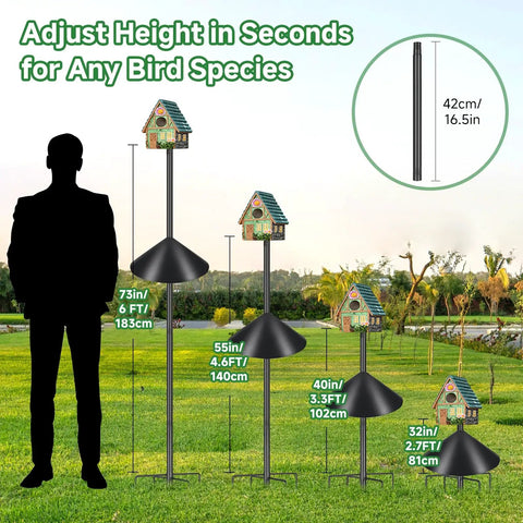 Beefy Heavy Duty Adjustable Bird Feeder Pole with Squirrel Baffle and universal stand mount in various heights.