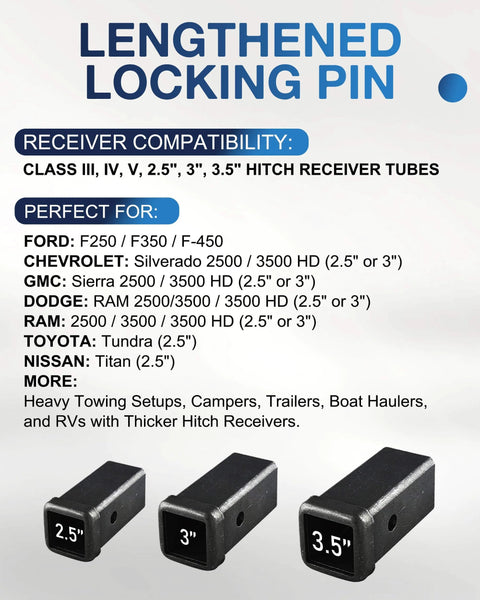 Beefy Extra Long Four And A Half Inch Trailer Hitch Lock Pin For Two Inch, Two Point Five Inch And Three Inch Receivers compatibility list and image