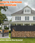 8 Foot Heavy Duty Firewood Rack With Waterproof Cover outside house, elevated 5 inches, stores wood above ground