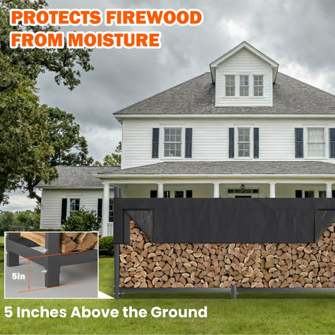 8 Foot Heavy Duty Firewood Rack With Waterproof Cover outside house, elevated 5 inches, stores wood above ground