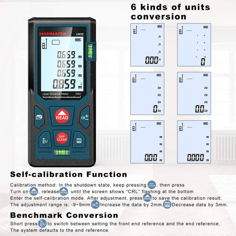 Pro Grade Laser Distance Measurer with 196 Feet 50 Meters Range, Auto Calibration and 2 Bubble Levels, Large Backlit LCD, Switchable Units Feet Inches Meters, Ideal for Builders and DIY Enthusiasts showing unit conversion and self-calibration