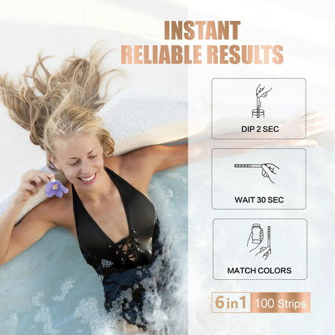 Woman using 6 In 1 Pool And Spa Test Strips For Quick Water Checks Of pH Hardness Bromine And Chlorine With 100 Counts Pack in hot tub.