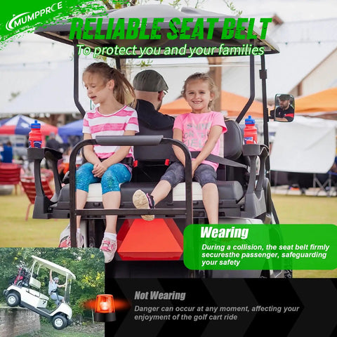 Children in a golf cart with Universal Golf Cart Seat Belt Kit For 4 Seat Carts, ensuring safety with retractable front and rear belts.