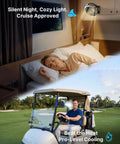 Magnetic Golf Cart Fan With Misting And 12000mAh Battery used in bedroom and golf cart during day, showcasing portability.