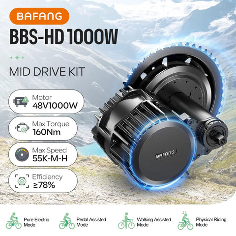 1000W Mid Drive Ebike Conversion Kit BBS-HD For 68, 73, 100, 120mm Frames, 48V/52V System, Electric Bike Upgrade With Throttle, Brake Sensor, Chainring, Headlight, Optional Battery And LCD Display, Optional Easy Mount For Mountain And Road Rides