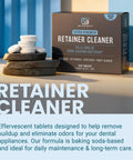 Box and tablets of Extra Strength Retainer And Denture Cleaning Tablets 8 Month Supply Removes Odor, Stains, Plaque visible on table.