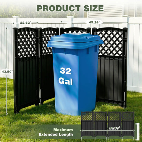 Outdoor Privacy Screen Fence For Trash Cans, Air Conditioners And Pool Equipment, 4 Panels, 43.5 Inches High By 22.62 Inches Wide Per Panel, Black, Durable UV Rated Outdoor Barrier For Yard Privacy, shown with a blue trash can