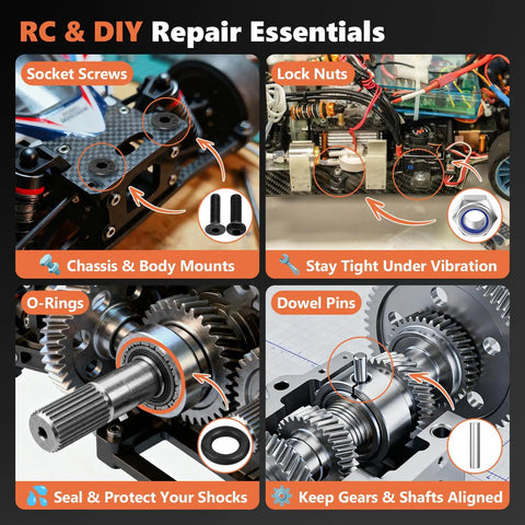 RC DIY Repair Essentials showing socket screws, lock nuts, O-rings, and dowel pins for various repair tasks.