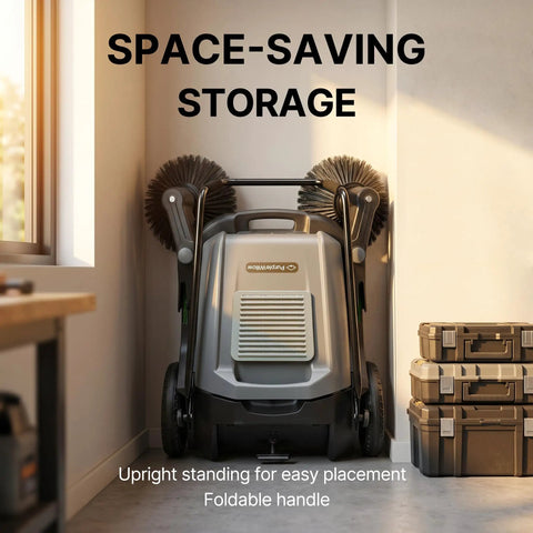 Heavy Duty Manual Floor Sweeper With Forty One Inch Wide Cleaning Path features a foldable handle for space-saving storage.