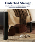 Underbed storage space of Built Like A Tank Queen Size Bed Frame Featuring Heavy Duty Steel Slats Black Oak Rustic Headboard Footboard.