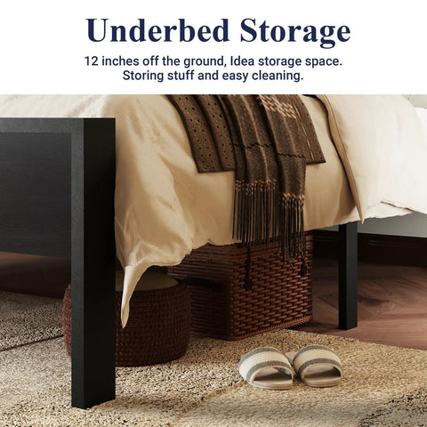 Underbed storage space of Built Like A Tank Queen Size Bed Frame Featuring Heavy Duty Steel Slats Black Oak Rustic Headboard Footboard.