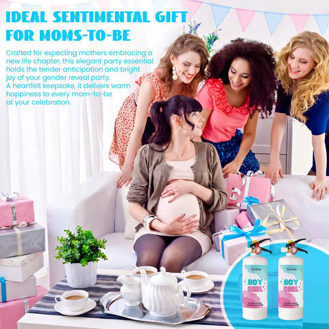 Epic Giant Gender Reveal Fire Extinguisher Pack With Blue Smoke Bombs and Dope Biodegradable Color Blaster for Hype Baby Shower, displayed with expecting mother and gifts.