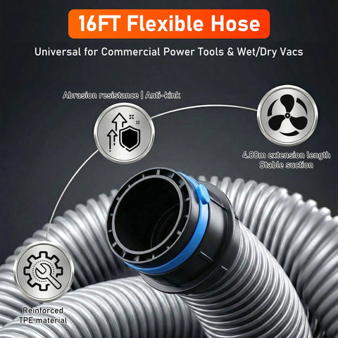 16 Ft Beefed Up Pro Grade Heavy Duty TPE Shop Vac Hose Extension Kit With 1-1/4 Inch Diameter and 6 Adapters for dust collection