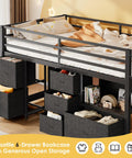 Twin Loft Bed With Six Storage Drawers Built In Bookcase LED Lights Play Curtain Kid Friendly Safety Rails And Ladder Black Space Saving Two Tier Design For Active Kids