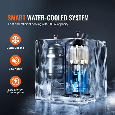 Badass Chill On Tap With This Heavy Duty Industrial Water Chiller Tuned For Co2 Laser Cutters And Engravers Up To 100W Delivering Lightning Fast 7.8L Min Flow Rate And Rock Solid Compressor Performance, showing interior components in a water-cooled system.