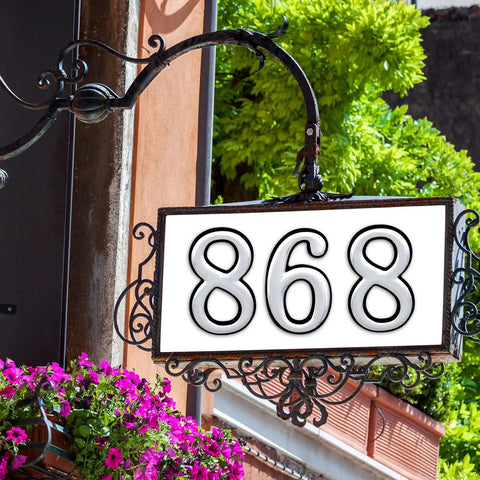 Easy Peel And Stick 3.8 Inch Reflective House Numbers Set Of 20 for outdoor use on sign, waterproof ABS, high visibility silver.