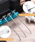 Close-up of 100 Pieces Heavy Duty Slatwall Panel Hooks For Metal Slat Wall Hanging Hangers Built To Last Silver in workshop scene