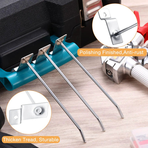Close-up of 100 Pieces Heavy Duty Slatwall Panel Hooks For Metal Slat Wall Hanging Hangers Built To Last Silver in workshop scene
