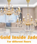 K9 Crystal Candle Chandelier Ten Lights Pendant Ceiling Fixture in living room setting with gold finish and E12 bulbs