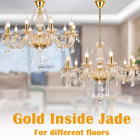K9 Crystal Candle Chandelier Ten Lights Pendant Ceiling Fixture in living room setting with gold finish and E12 bulbs