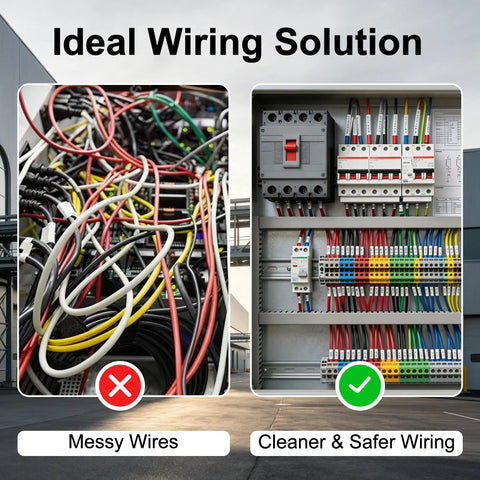 Comparison of messy wires versus organized wiring using Thirty Piece Terminal Blocks Kit For DIY And Industrial Projects, 32A 690V.