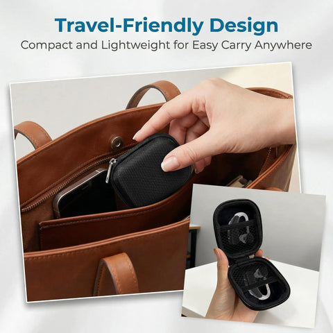 Hearing Aid Case With Travel Pouch And Battery Holder in leather bag, shock-resistant EVA shell open with ear gear visible