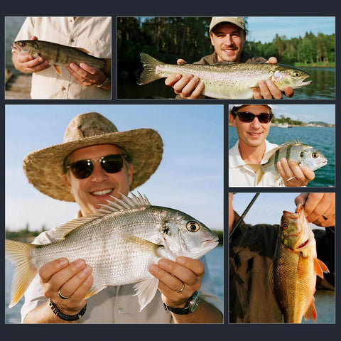 Collage of anglers holding various fish caught with Six Pack Swimbait Jig Heads With Stacked Cone Keeper Anti Rust Brass Blade