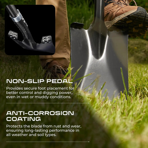 Lightweight Carbon Fiber Shovel With Ergonomic Handle For Gardening, Heavy Duty Flat Spade, used for digging in a garden.