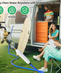 All In One Fresh Water Kit For RVs With Pressure Regulator Inline Filter Hose Splitter Brass Elbow displayed beside RV