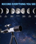 70mm Refractor Telescope For Beginners With 400mm Focal Length, AZ Mount Tripod under moon phases diagram in starry sky.
