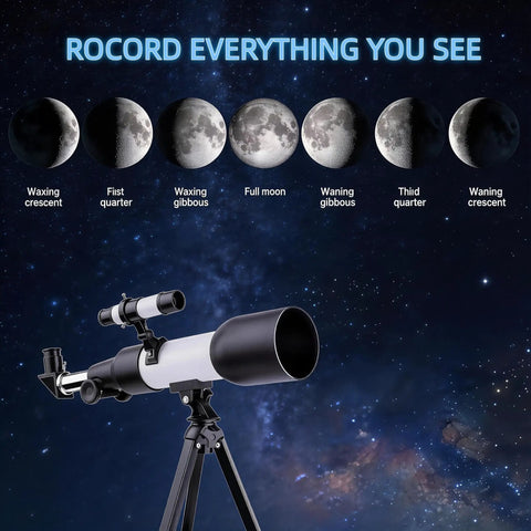 70mm Refractor Telescope For Beginners With 400mm Focal Length, AZ Mount Tripod under moon phases diagram in starry sky.