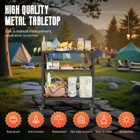 All Weather Outdoor Grill Table On Wheels For Patio Garden And Camping Heavy Duty Movable BBQ Prep Cart Rust Proof