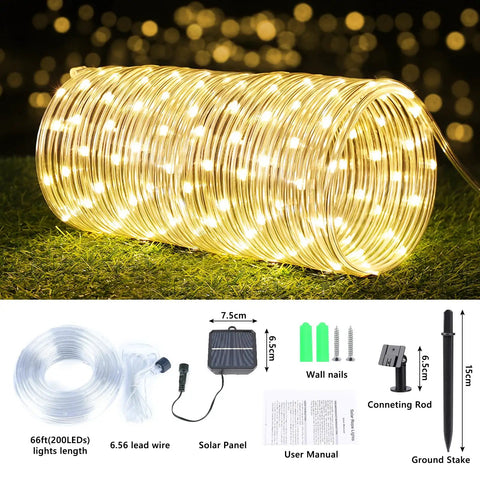 66 Feet Of 200 LED Solar Rope Lights With 8 Modes No Fuss Waterproof Outdoor String Lights In Clear Tube on display with accessories
