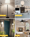Collage featuring a floor lamp, pendant lamp, enclosed shade lamp, and fan lamp in various residential settings.