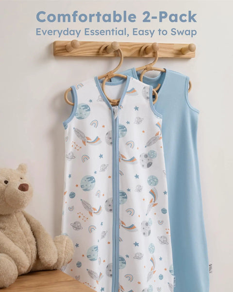 2 Pack Baby Sleep Sack 0-6 Months 0.5 Tog 100 Percent Cotton Wearable Blanket With 2-Way Zipper Lightweight Blue Rockets Design on hangers