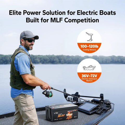 Man using 36V 100Ah Marine Power Kit with Bluetooth on a boat with trolling motor, built for MLF competitions.
