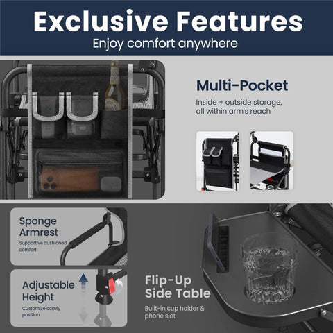 Foldable Camping Director Chair With Adjustable Height, Built Tough Oversized Seat, featuring multi-pocket storage and side table.