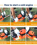 Steps to start 62Cc Gas Chainsaw With 20 Inch Bar For Heavy Duty Wood Cutting, showing choke and starter operations.